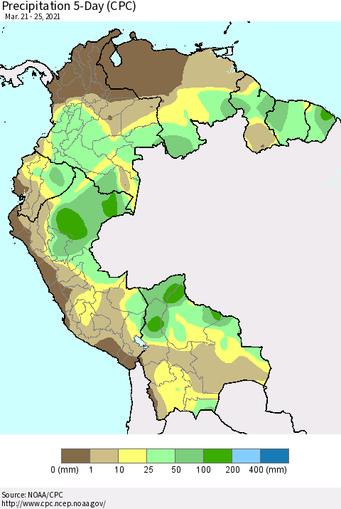 Northern South America Precipitation 5-Day (CPC) Thematic Map For 3/21/2021 - 3/25/2021