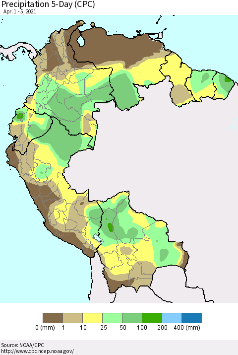 Northern South America Precipitation 5-Day (CPC) Thematic Map For 4/1/2021 - 4/5/2021
