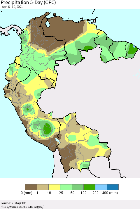 Northern South America Precipitation 5-Day (CPC) Thematic Map For 4/6/2021 - 4/10/2021
