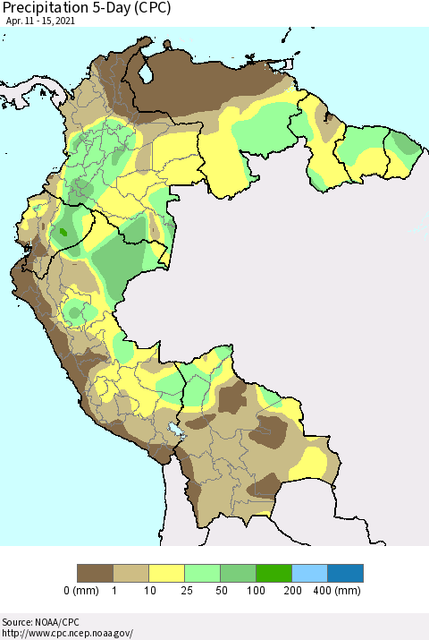 Northern South America Precipitation 5-Day (CPC) Thematic Map For 4/11/2021 - 4/15/2021