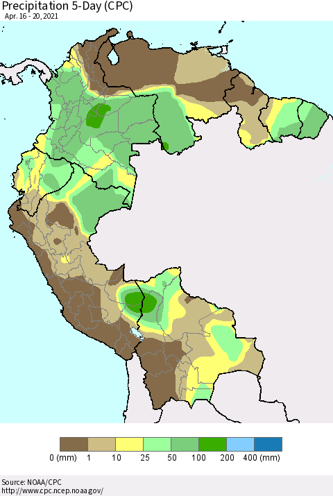Northern South America Precipitation 5-Day (CPC) Thematic Map For 4/16/2021 - 4/20/2021