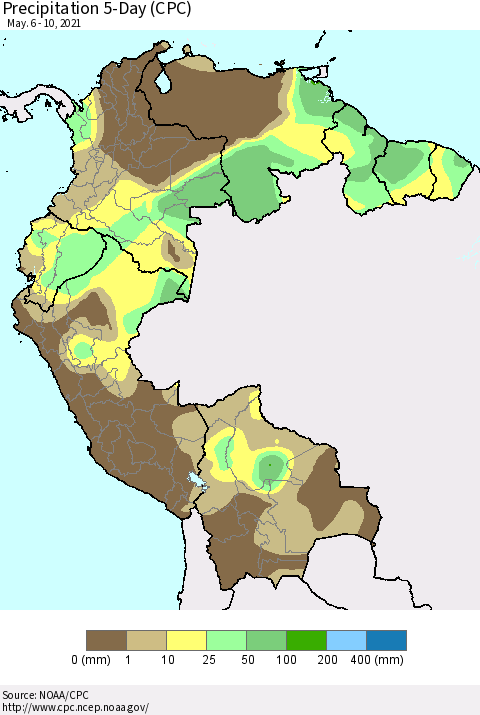 Northern South America Precipitation 5-Day (CPC) Thematic Map For 5/6/2021 - 5/10/2021