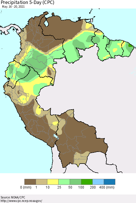 Northern South America Precipitation 5-Day (CPC) Thematic Map For 5/16/2021 - 5/20/2021