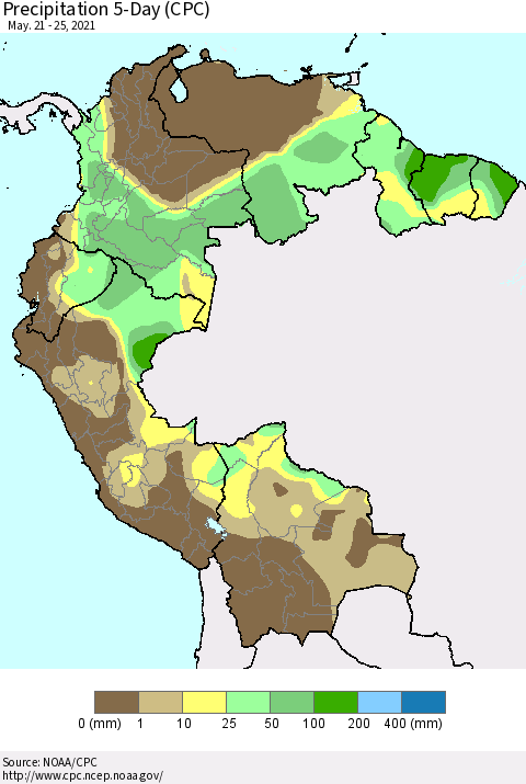 Northern South America Precipitation 5-Day (CPC) Thematic Map For 5/21/2021 - 5/25/2021