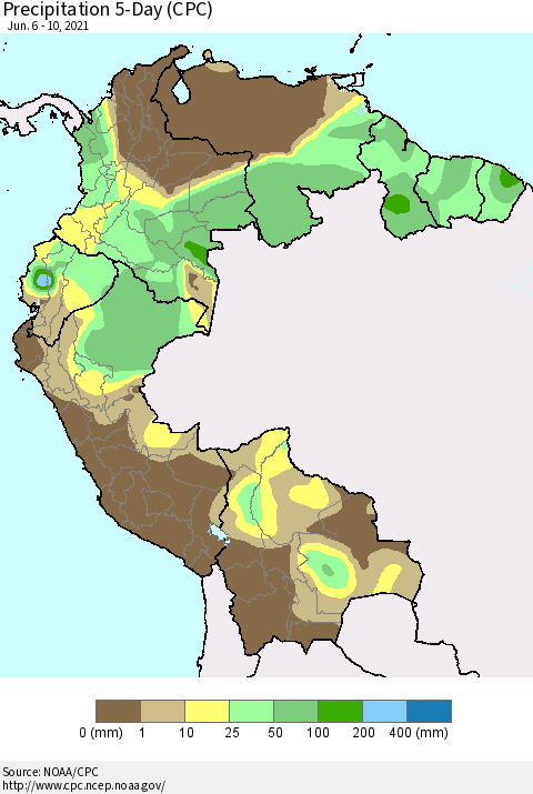 Northern South America Precipitation 5-Day (CPC) Thematic Map For 6/6/2021 - 6/10/2021