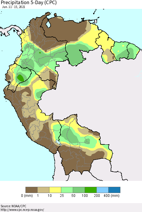 Northern South America Precipitation 5-Day (CPC) Thematic Map For 6/11/2021 - 6/15/2021