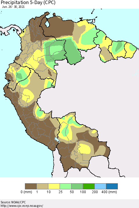 Northern South America Precipitation 5-Day (CPC) Thematic Map For 6/26/2021 - 6/30/2021