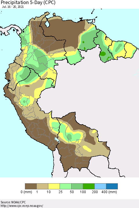 Northern South America Precipitation 5-Day (CPC) Thematic Map For 7/16/2021 - 7/20/2021
