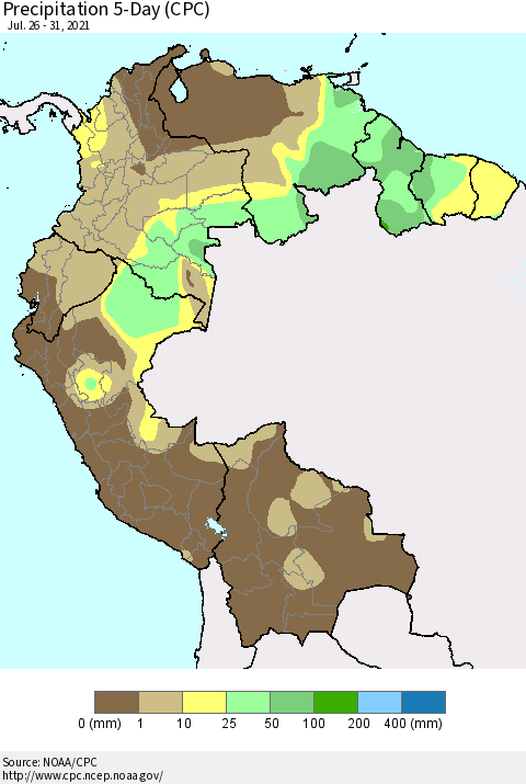 Northern South America Precipitation 5-Day (CPC) Thematic Map For 7/26/2021 - 7/31/2021