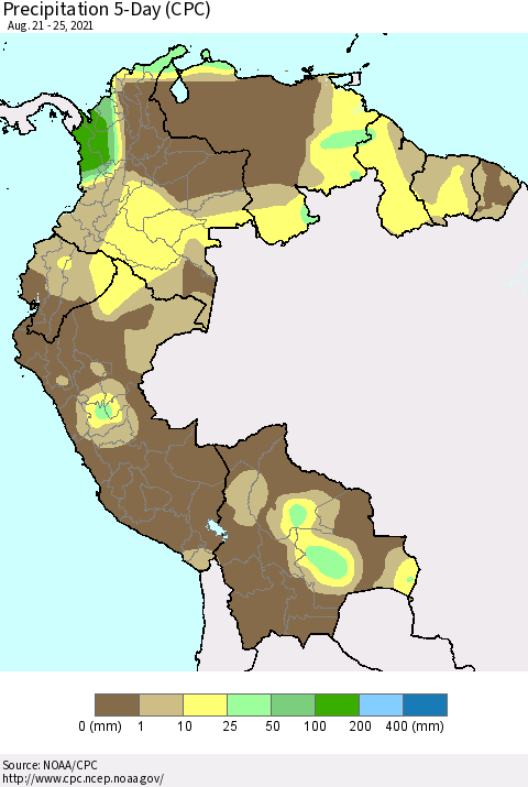 Northern South America Precipitation 5-Day (CPC) Thematic Map For 8/21/2021 - 8/25/2021