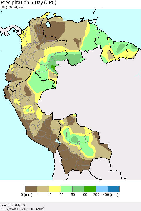 Northern South America Precipitation 5-Day (CPC) Thematic Map For 8/26/2021 - 8/31/2021