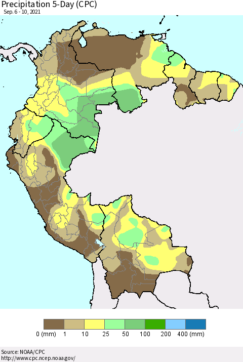 Northern South America Precipitation 5-Day (CPC) Thematic Map For 9/6/2021 - 9/10/2021