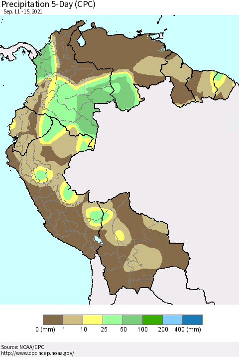 Northern South America Precipitation 5-Day (CPC) Thematic Map For 9/11/2021 - 9/15/2021