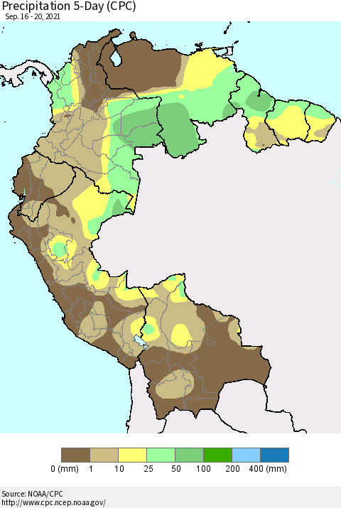 Northern South America Precipitation 5-Day (CPC) Thematic Map For 9/16/2021 - 9/20/2021