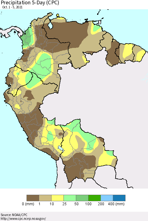Northern South America Precipitation 5-Day (CPC) Thematic Map For 10/1/2021 - 10/5/2021