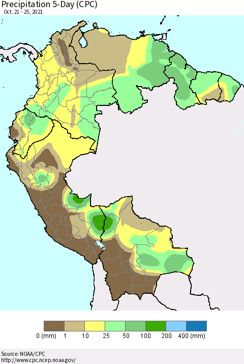 Northern South America Precipitation 5-Day (CPC) Thematic Map For 10/21/2021 - 10/25/2021
