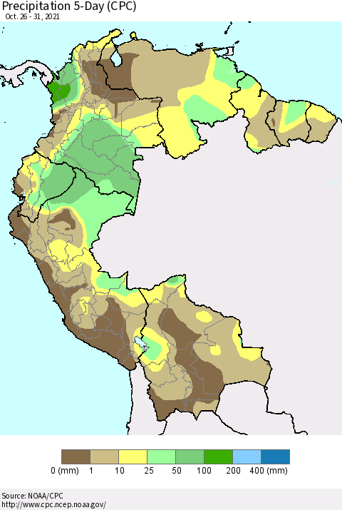 Northern South America Precipitation 5-Day (CPC) Thematic Map For 10/26/2021 - 10/31/2021