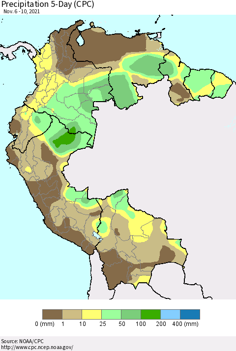 Northern South America Precipitation 5-Day (CPC) Thematic Map For 11/6/2021 - 11/10/2021