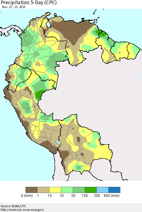 Northern South America Precipitation 5-Day (CPC) Thematic Map For 11/21/2021 - 11/25/2021