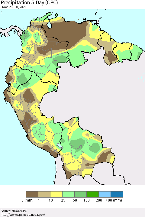 Northern South America Precipitation 5-Day (CPC) Thematic Map For 11/26/2021 - 11/30/2021