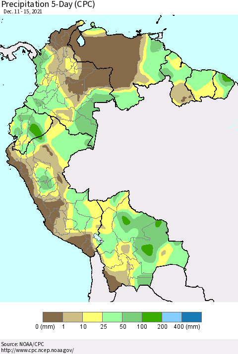 Northern South America Precipitation 5-Day (CPC) Thematic Map For 12/11/2021 - 12/15/2021