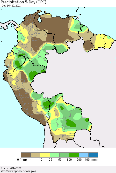 Northern South America Precipitation 5-Day (CPC) Thematic Map For 12/16/2021 - 12/20/2021