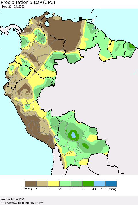 Northern South America Precipitation 5-Day (CPC) Thematic Map For 12/21/2021 - 12/25/2021