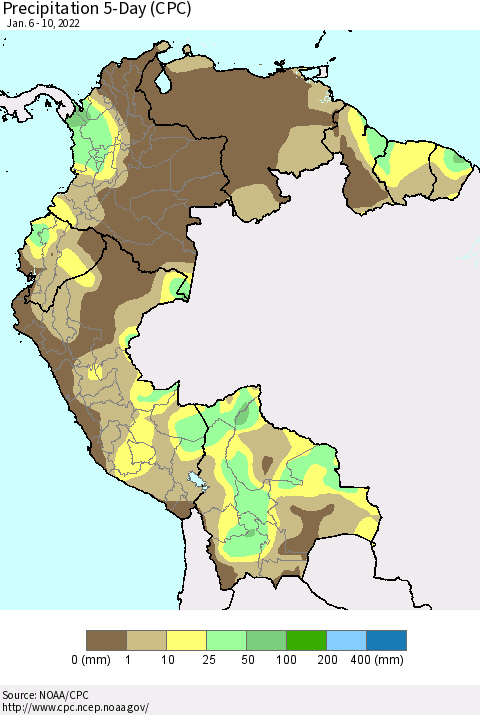 Northern South America Precipitation 5-Day (CPC) Thematic Map For 1/6/2022 - 1/10/2022