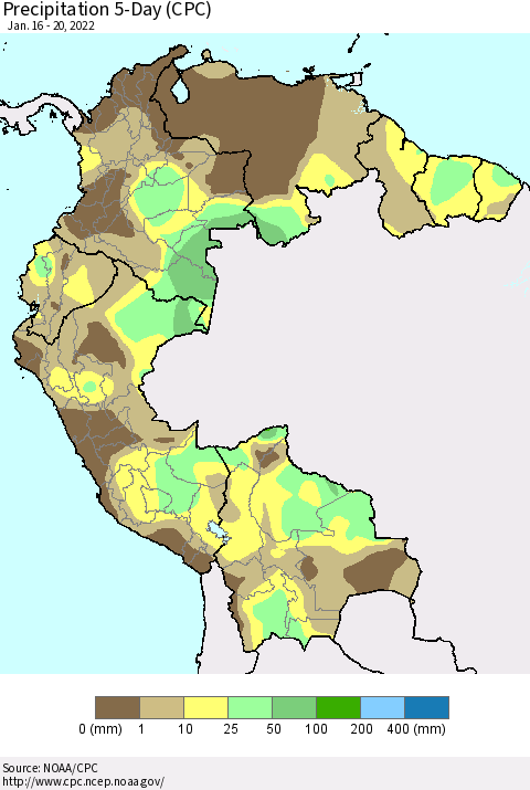 Northern South America Precipitation 5-Day (CPC) Thematic Map For 1/16/2022 - 1/20/2022