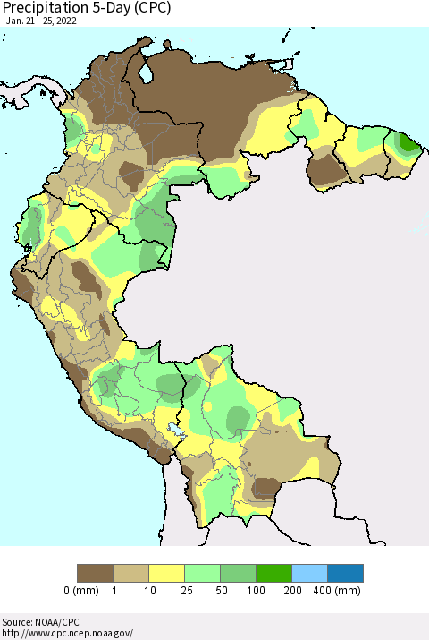 Northern South America Precipitation 5-Day (CPC) Thematic Map For 1/21/2022 - 1/25/2022