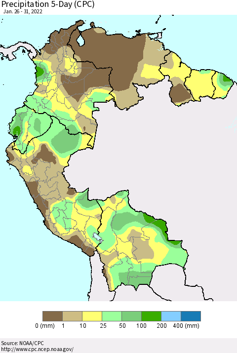 Northern South America Precipitation 5-Day (CPC) Thematic Map For 1/26/2022 - 1/31/2022