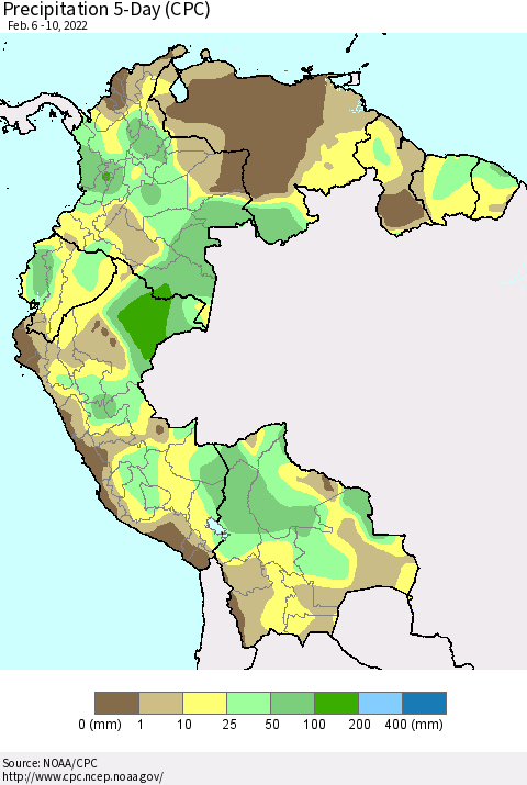 Northern South America Precipitation 5-Day (CPC) Thematic Map For 2/6/2022 - 2/10/2022