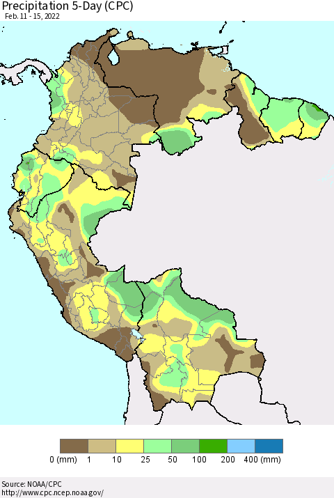 Northern South America Precipitation 5-Day (CPC) Thematic Map For 2/11/2022 - 2/15/2022