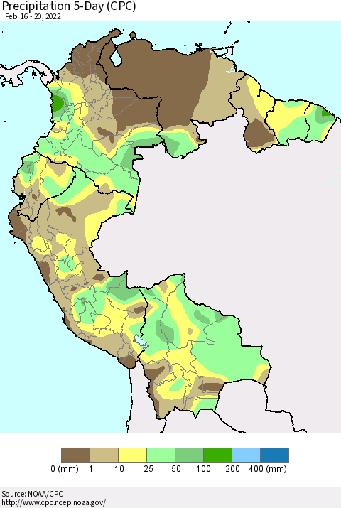 Northern South America Precipitation 5-Day (CPC) Thematic Map For 2/16/2022 - 2/20/2022