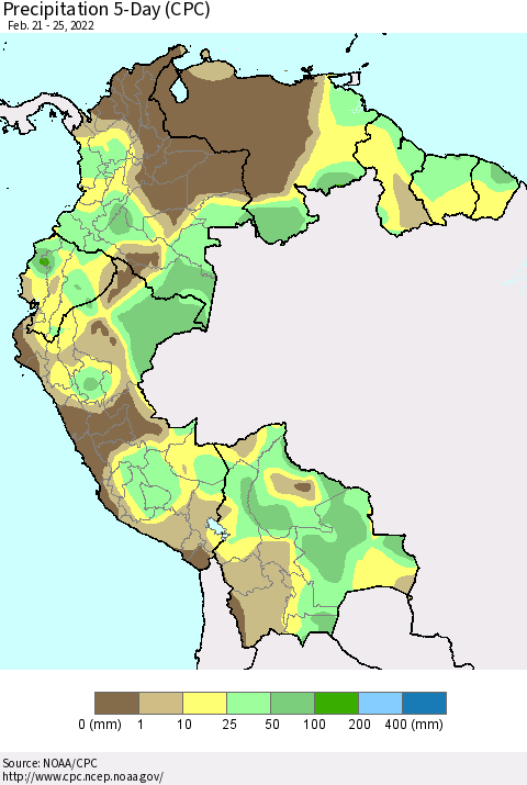 Northern South America Precipitation 5-Day (CPC) Thematic Map For 2/21/2022 - 2/25/2022