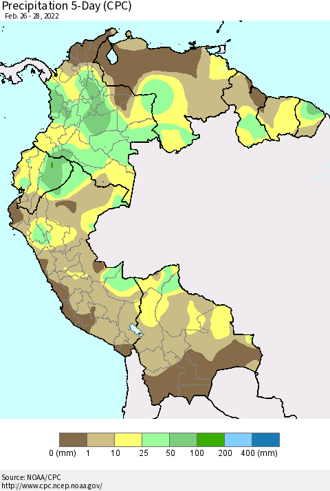 Northern South America Precipitation 5-Day (CPC) Thematic Map For 2/26/2022 - 2/28/2022
