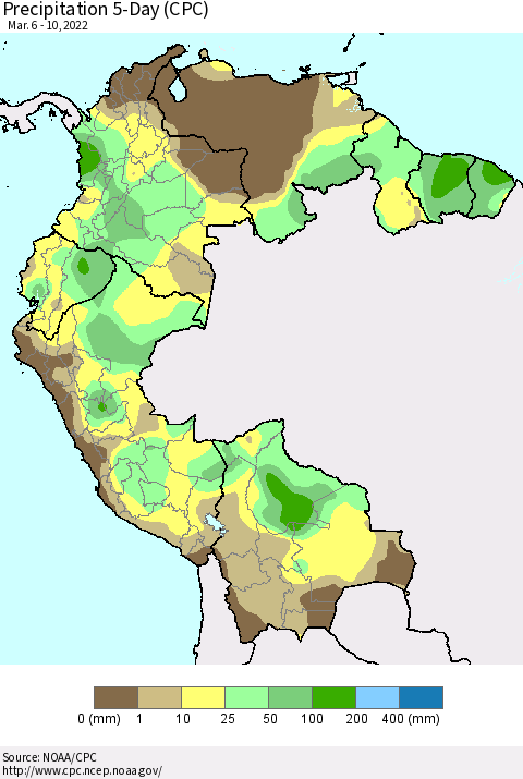 Northern South America Precipitation 5-Day (CPC) Thematic Map For 3/6/2022 - 3/10/2022