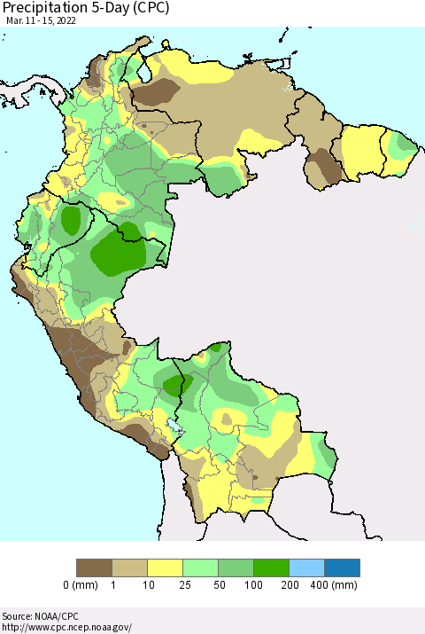 Northern South America Precipitation 5-Day (CPC) Thematic Map For 3/11/2022 - 3/15/2022