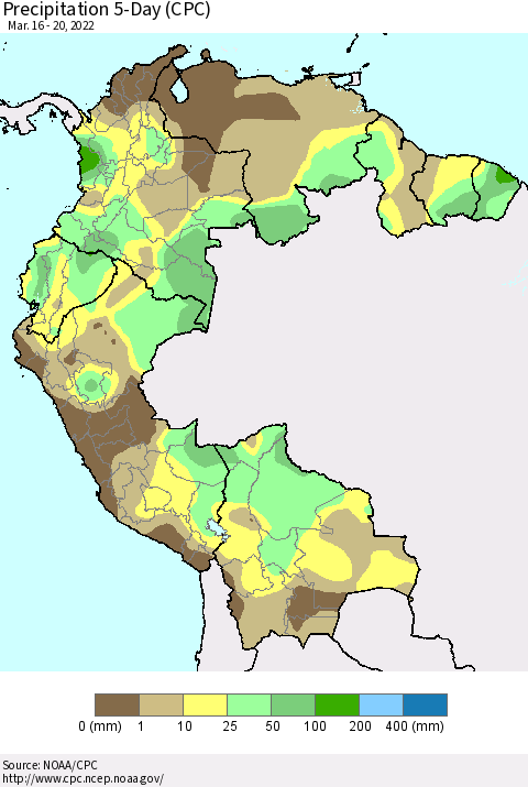 Northern South America Precipitation 5-Day (CPC) Thematic Map For 3/16/2022 - 3/20/2022