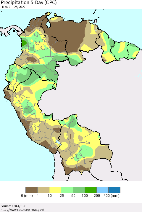 Northern South America Precipitation 5-Day (CPC) Thematic Map For 3/21/2022 - 3/25/2022