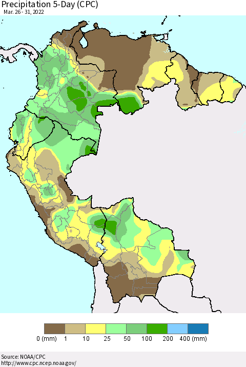 Northern South America Precipitation 5-Day (CPC) Thematic Map For 3/26/2022 - 3/31/2022