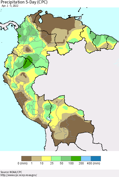 Northern South America Precipitation 5-Day (CPC) Thematic Map For 4/1/2022 - 4/5/2022