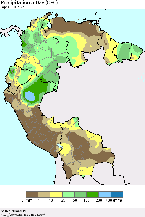 Northern South America Precipitation 5-Day (CPC) Thematic Map For 4/6/2022 - 4/10/2022