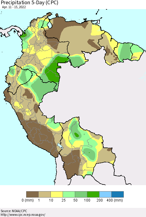 Northern South America Precipitation 5-Day (CPC) Thematic Map For 4/11/2022 - 4/15/2022