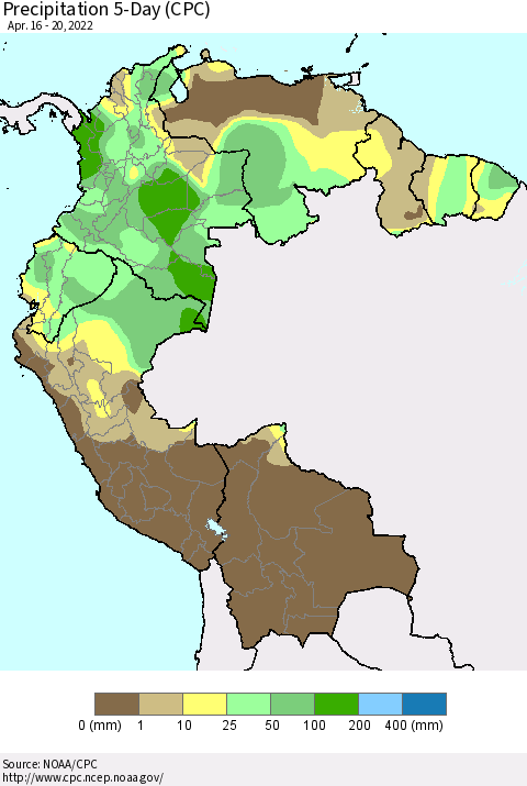 Northern South America Precipitation 5-Day (CPC) Thematic Map For 4/16/2022 - 4/20/2022