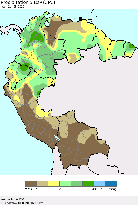 Northern South America Precipitation 5-Day (CPC) Thematic Map For 4/21/2022 - 4/25/2022