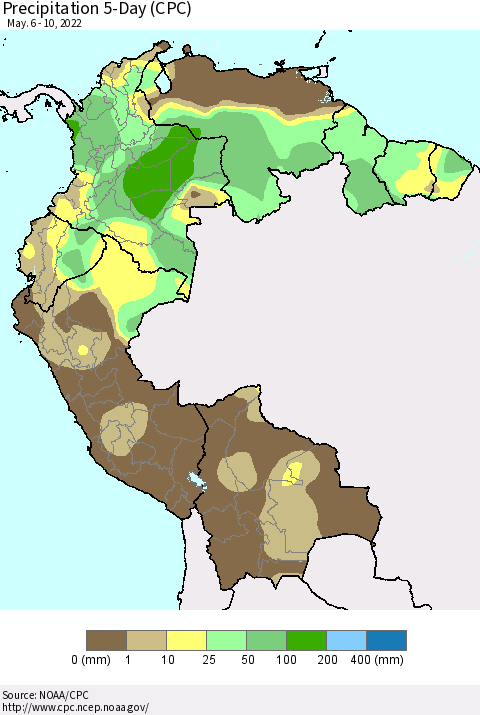 Northern South America Precipitation 5-Day (CPC) Thematic Map For 5/6/2022 - 5/10/2022