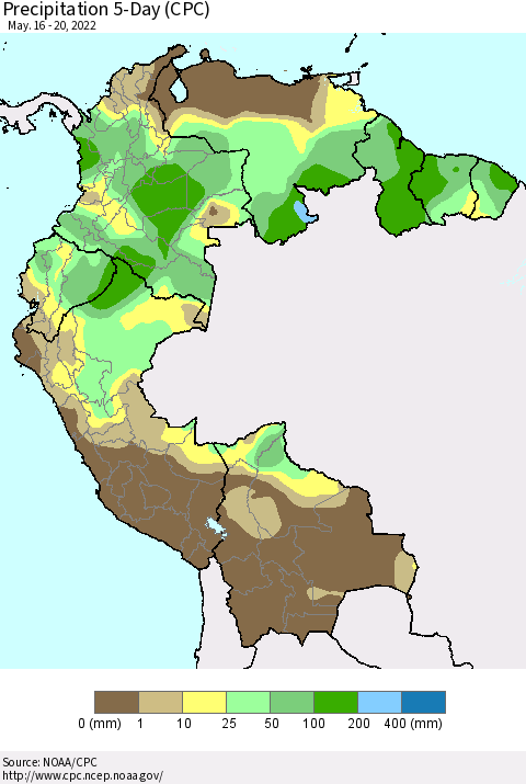 Northern South America Precipitation 5-Day (CPC) Thematic Map For 5/16/2022 - 5/20/2022