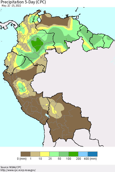 Northern South America Precipitation 5-Day (CPC) Thematic Map For 5/21/2022 - 5/25/2022