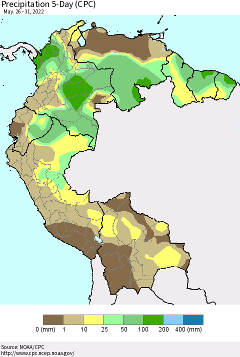 Northern South America Precipitation 5-Day (CPC) Thematic Map For 5/26/2022 - 5/31/2022